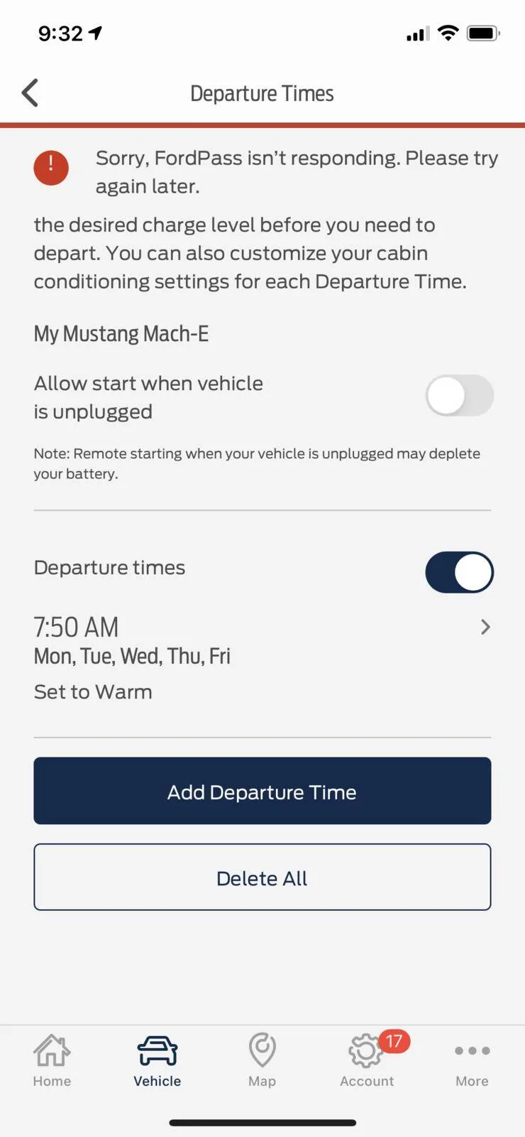 Ford Mustang Mach-E Setting departure time to warm without car being plugged in option error IMG_2325