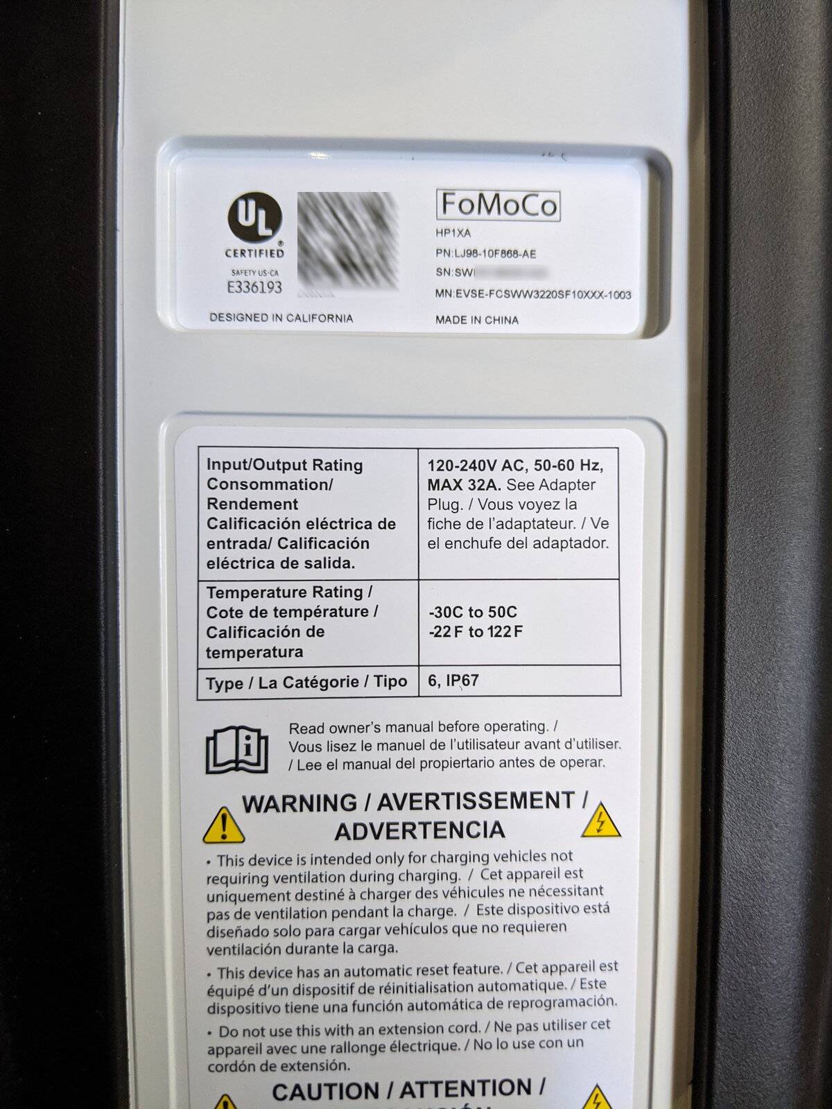 Ford Mustang Mach-E Question about the mobile charger. mobile EVSE name plate