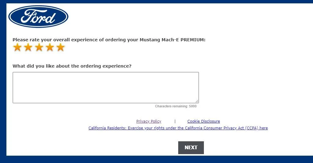 Ford Mustang Mach-E Survey from Ford about Ordering Survey 1