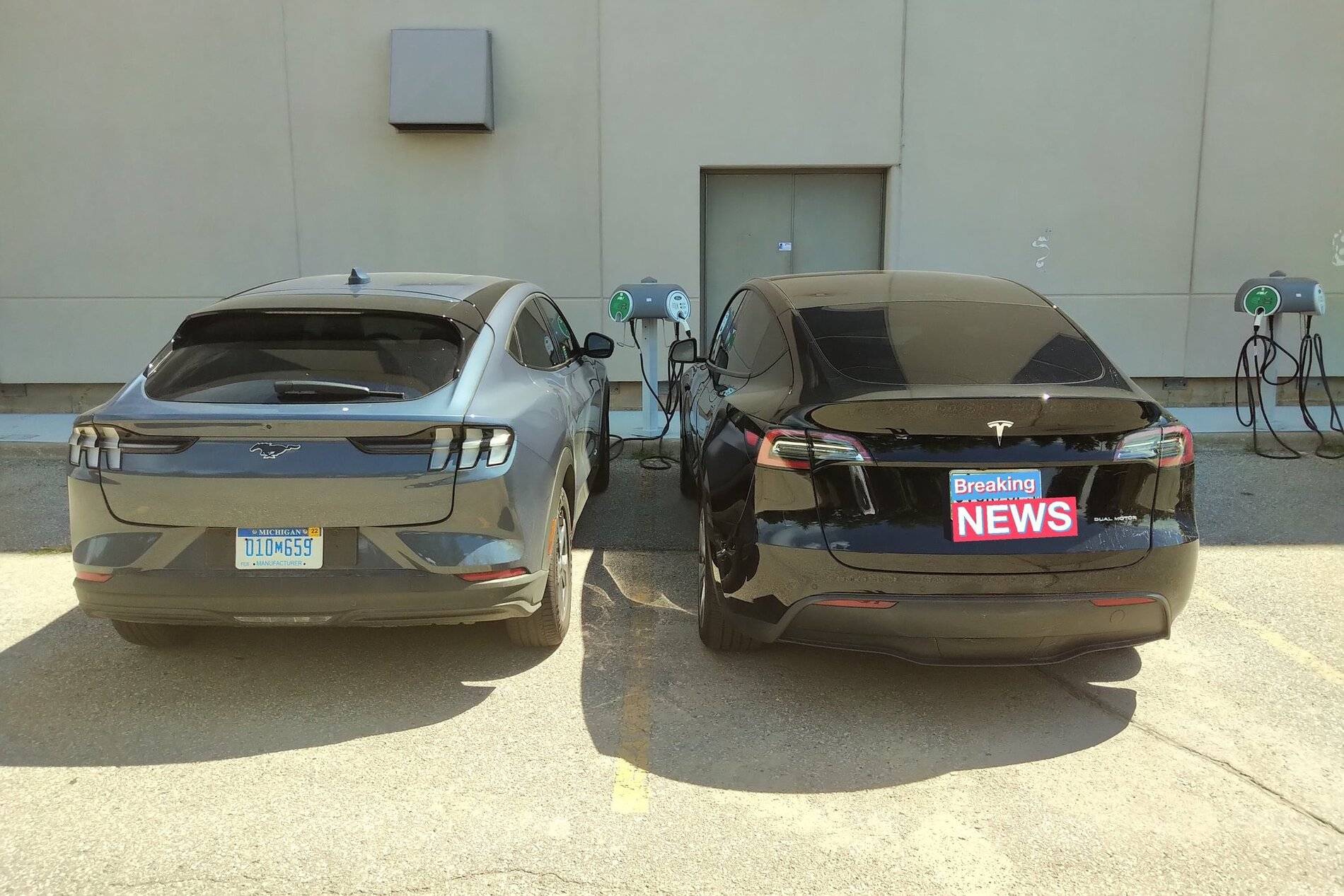 Ford Mustang Mach-E Mach E spotted charging beside a Model Y EeXK3RMXYAEUjuv