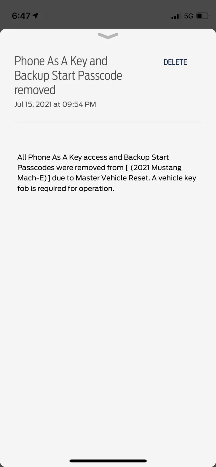 Ford Mustang Mach-E [Update made it home] Stranded. PaaK and password wiped: "All Phone As A Key access and Backup Start Passcodes were removed..." 74B3FC75-CA25-4172-8F82-889F31BC0079