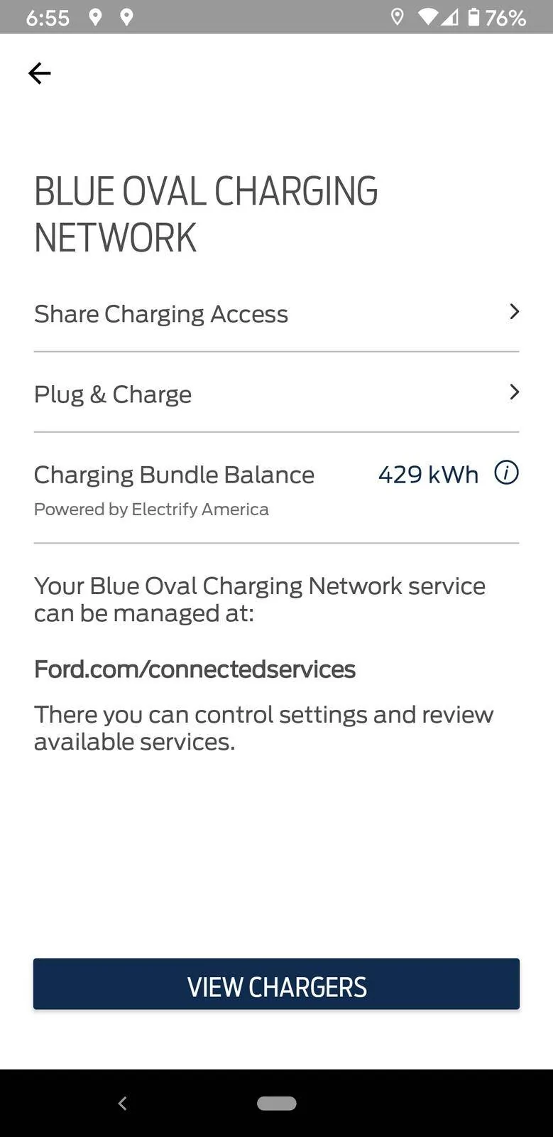 Ford Mustang Mach-E Blue Oval Charge Network Electrify America Charging Membership Screenshot_20210722-185536