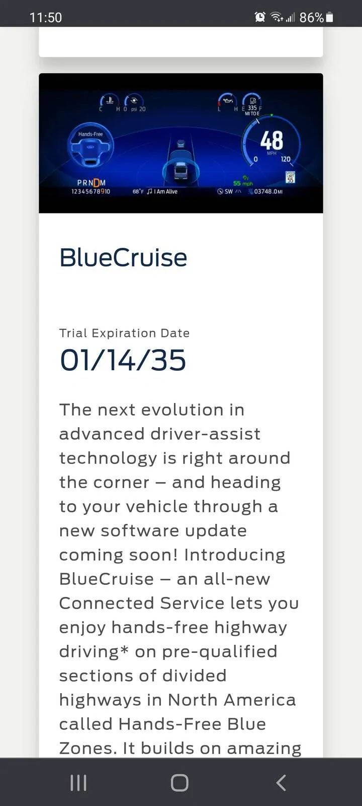 Ford Mustang Mach-E BlueCruise appears in Connected Services Screenshot_20210728-115024_Chrom