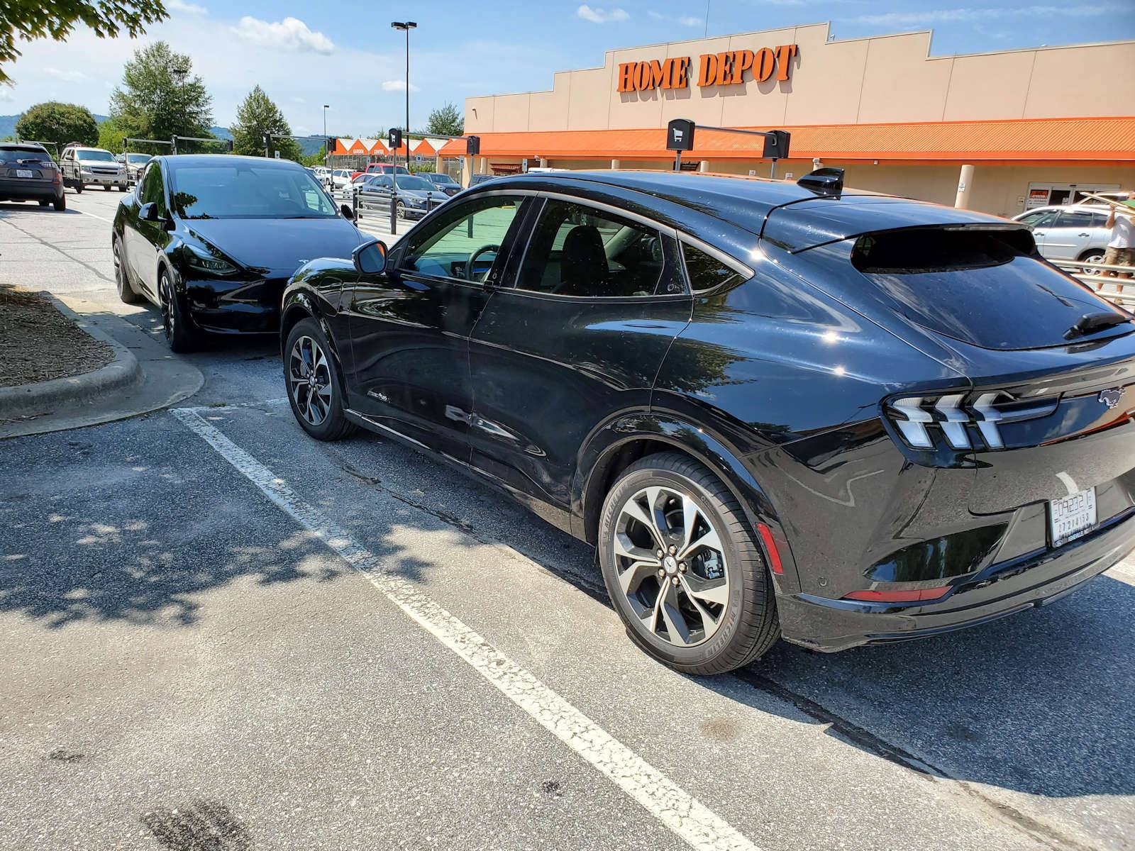 Ford Mustang Mach-E Mach E vs Model Y face off at Home Depot. Mach e and model Y 2