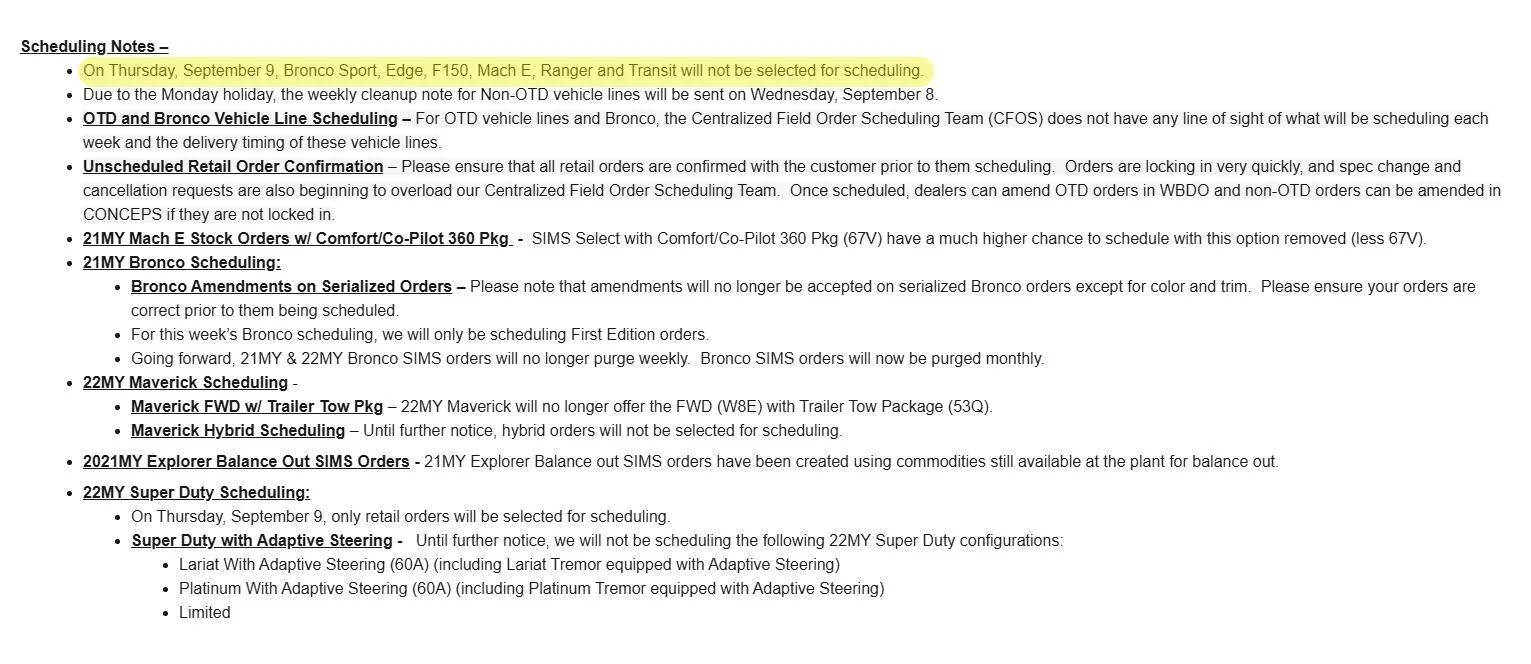 Ford Mustang Mach-E Mach-E will not be selected for scheduling this week (on 9/9) Ford production scheduling 9:9