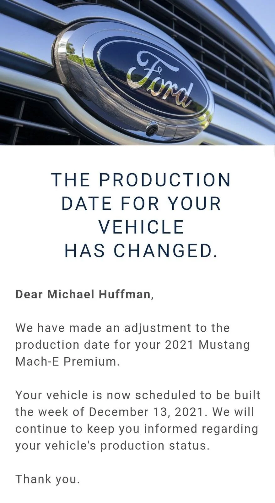 Ford Mustang Mach-E 2022 Mach-E Will Not Be Selected For Production Scheduling Next Week (11/15) Screenshot_20211113-154503_Aqua Mail