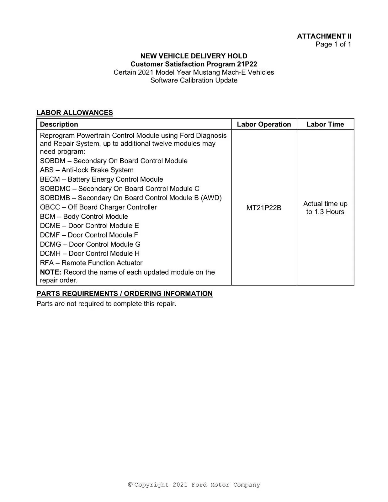 Ford Mustang Mach-E Customer Satisfaction Program 21P22 - Software Calibration Update R21P22 II