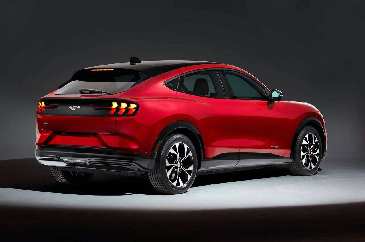 Ford Mustang Mach-E Added a black bar / blackout wrap to tail rear and waiting for spoiler rapid-red-black-back