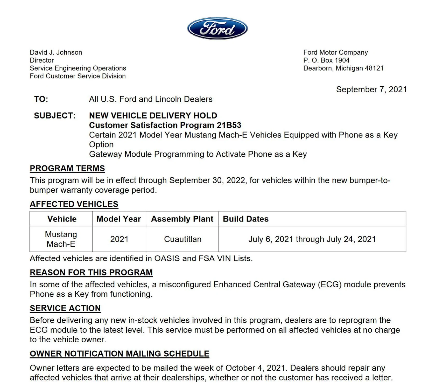 Ford Mustang Mach-E Customer Satisfaction Program 21B53 - Some Mach-E built in July need an ECG update for PaaK to function 1638028883588