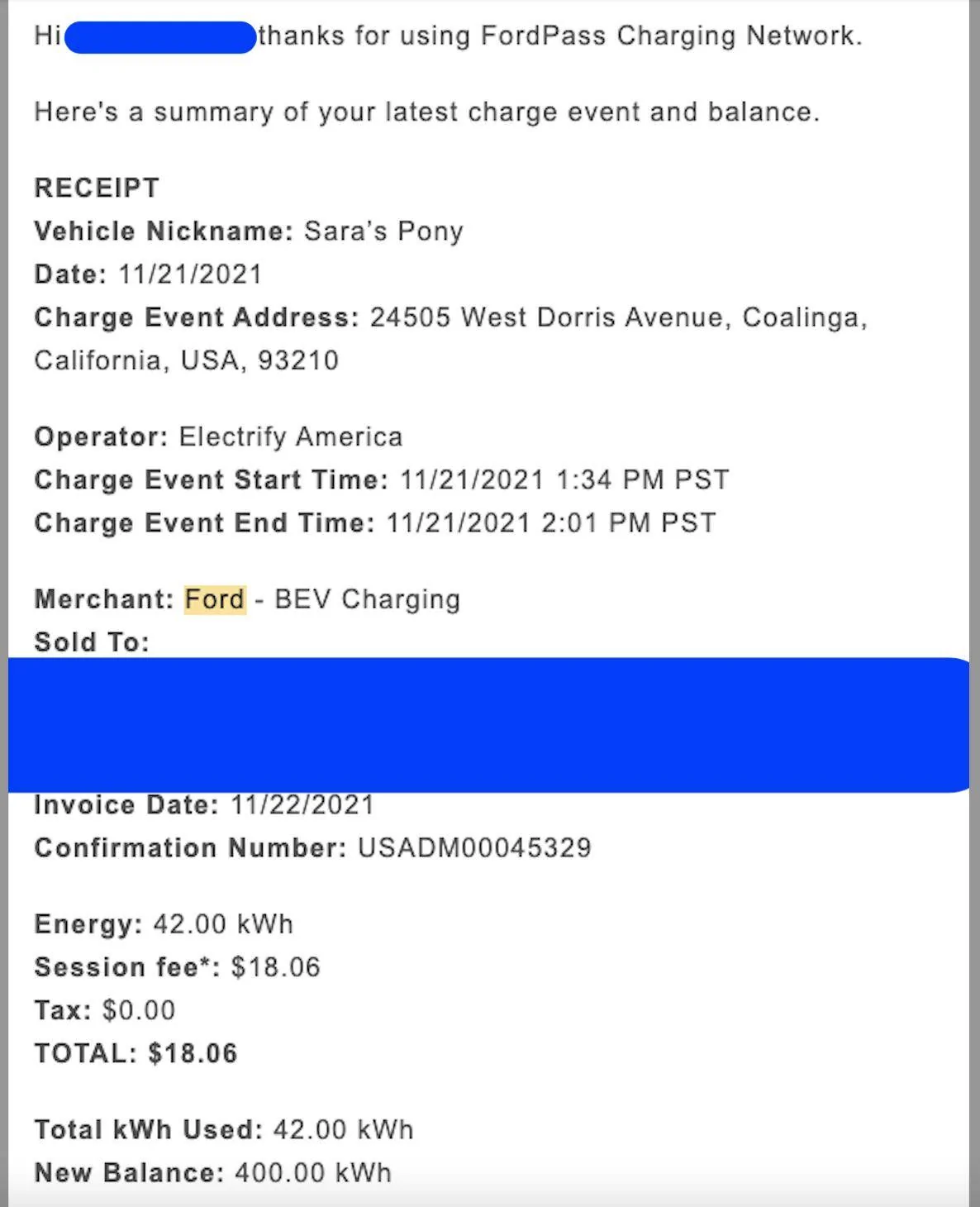 Ford Mustang Mach-E Fordpass Charging : $18.06 session fee charged at EA location using plug and charge 1638212137377