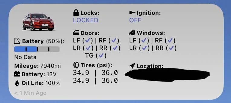 Ford Mustang Mach-E ? Scriptable FordPass Widget (iOS, iPad, MacOS) 1FDA8C20-4512-499F-89DF-DEB7D17C1840