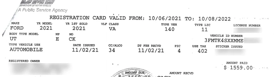 Ford Mustang Mach-E Vehicle Registration Costs and Fees 1639723643649