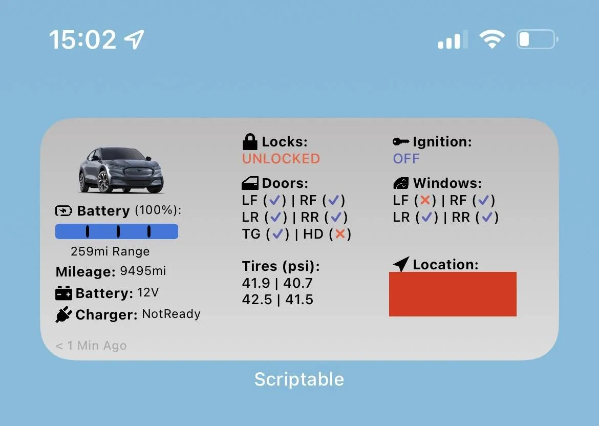 Ford Mustang Mach-E ? Scriptable FordPass Widget (iOS, iPad, MacOS) 1639771433198