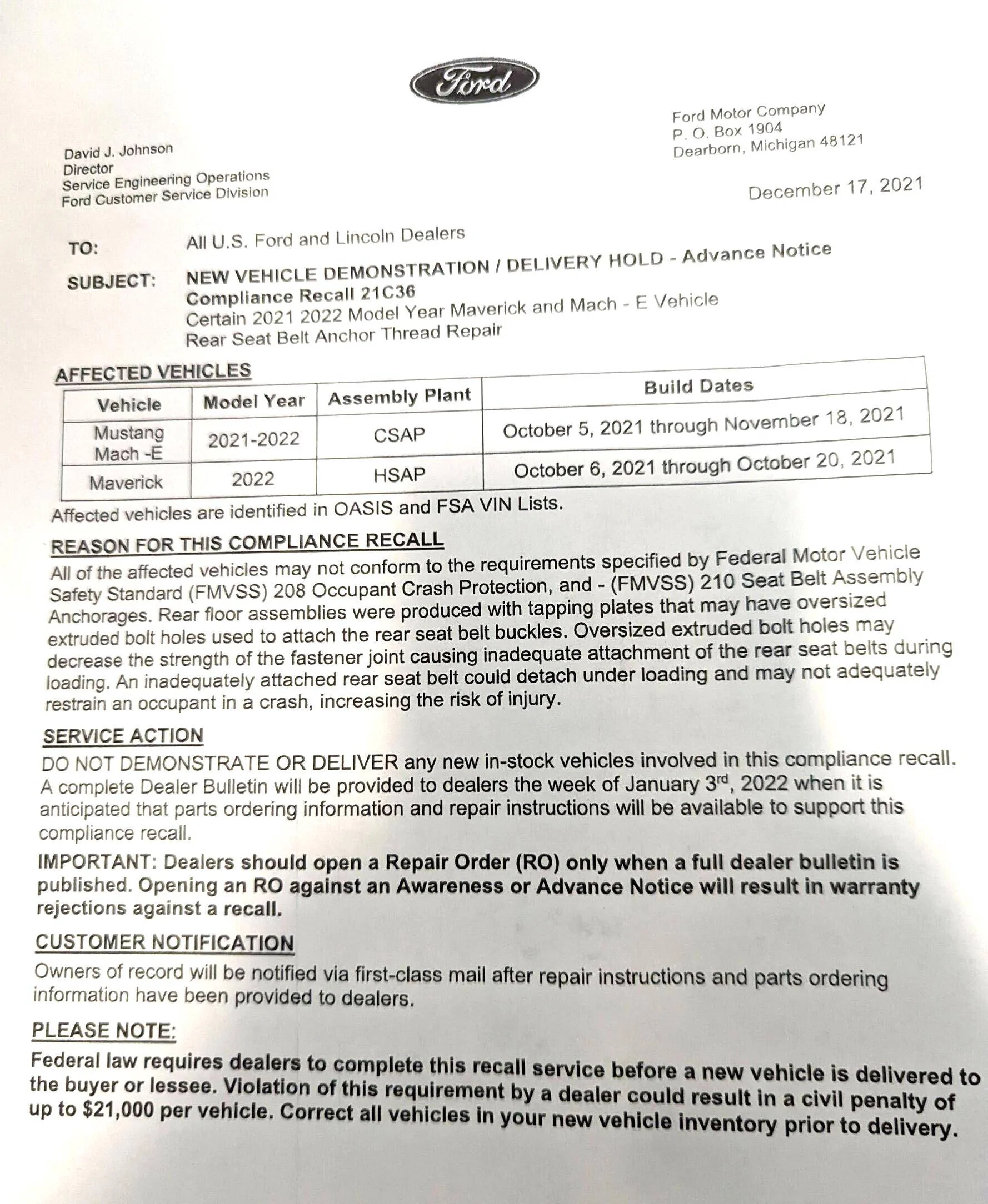 Ford Mustang Mach-E Recall / Stop Sale / Delivery Hold - Mach-E produced from Oct 5 - Nov 18 [Rear Seat Belt Anchor Repair] maverick mach-e recall delivery hold stop sal