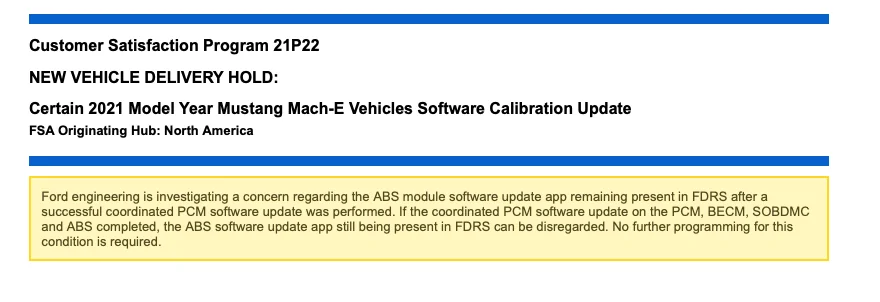 Ford Mustang Mach-E Customer Satisfaction Program 21P22 - Software Calibration Update 1640032614552