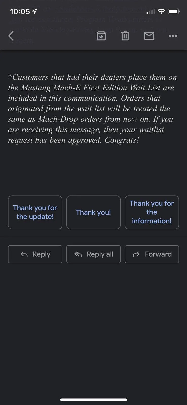 Ford Mustang Mach-E Has anyone gotten confirmation their Machdrop FE is in the order book yet? unnamed (1)