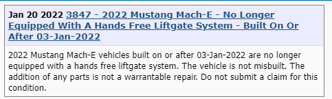 Ford Mustang Mach-E SSM 50415: Hands-Free Liftgate Deleted from 2022 Mach-E built on/after Jan 3 1642827297634