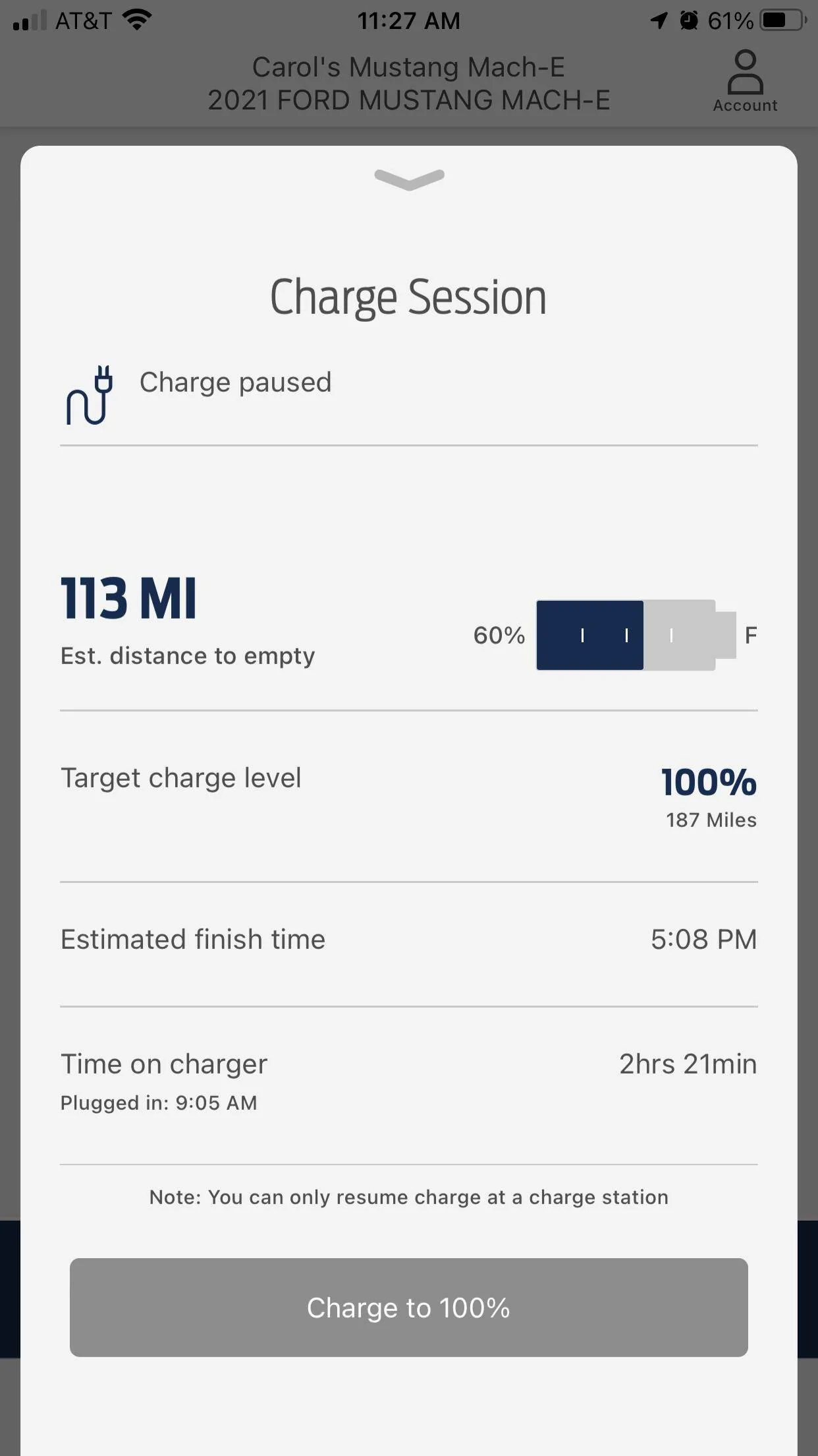 Ford Mustang Mach-E Plugged in not charging 110 volt paused