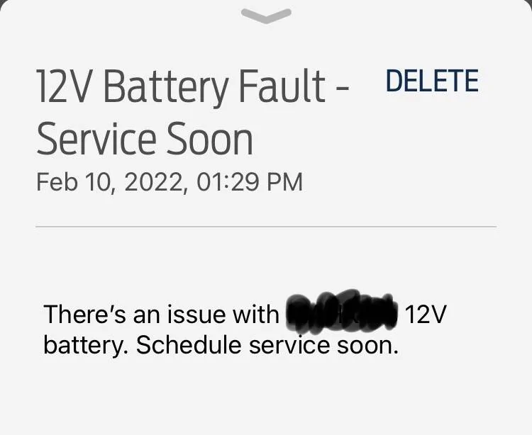 Ford Mustang Mach-E 12 volt battery fault notification D5428A42-85EF-48B5-8119-9667AF5DB827