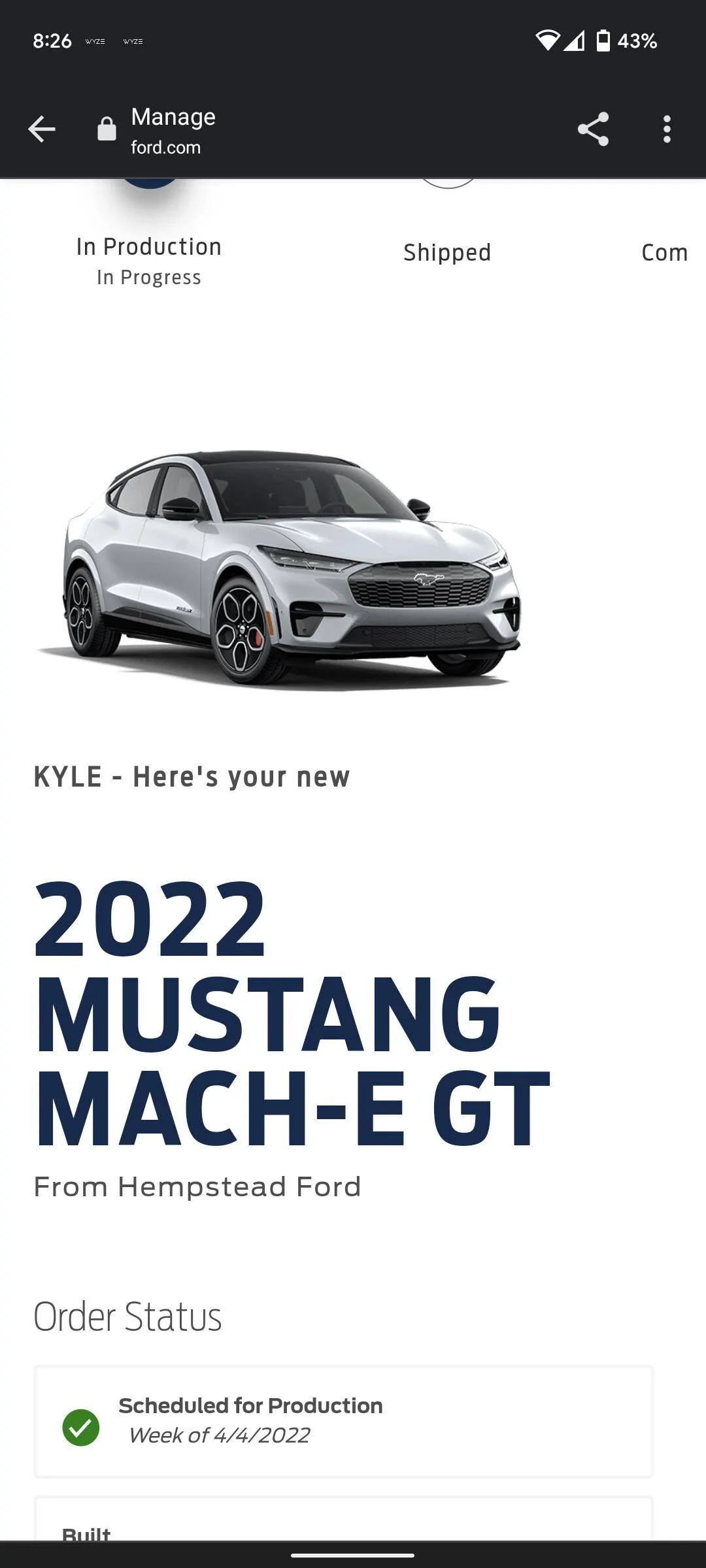 Ford Mustang Mach-E Ordered my Mark E GT space white Screenshot_20220211-202608