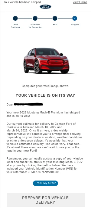 Ford Mustang Mach-E 2022 Mach E Premium order email Screen Shot 2022-03-02 at 10.08.11 AM