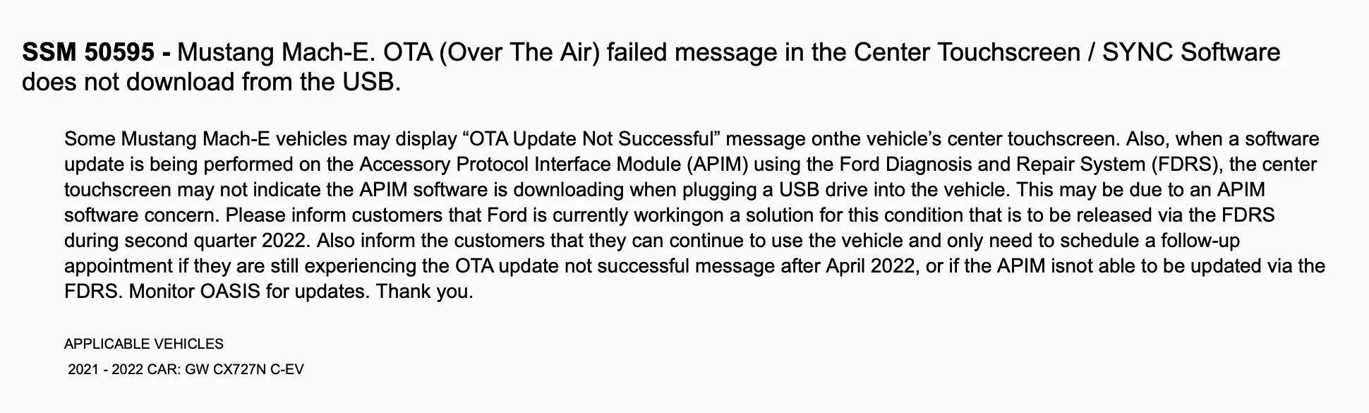 Ford Mustang Mach-E UK Customers SSM 50595 - OTA Updates failing