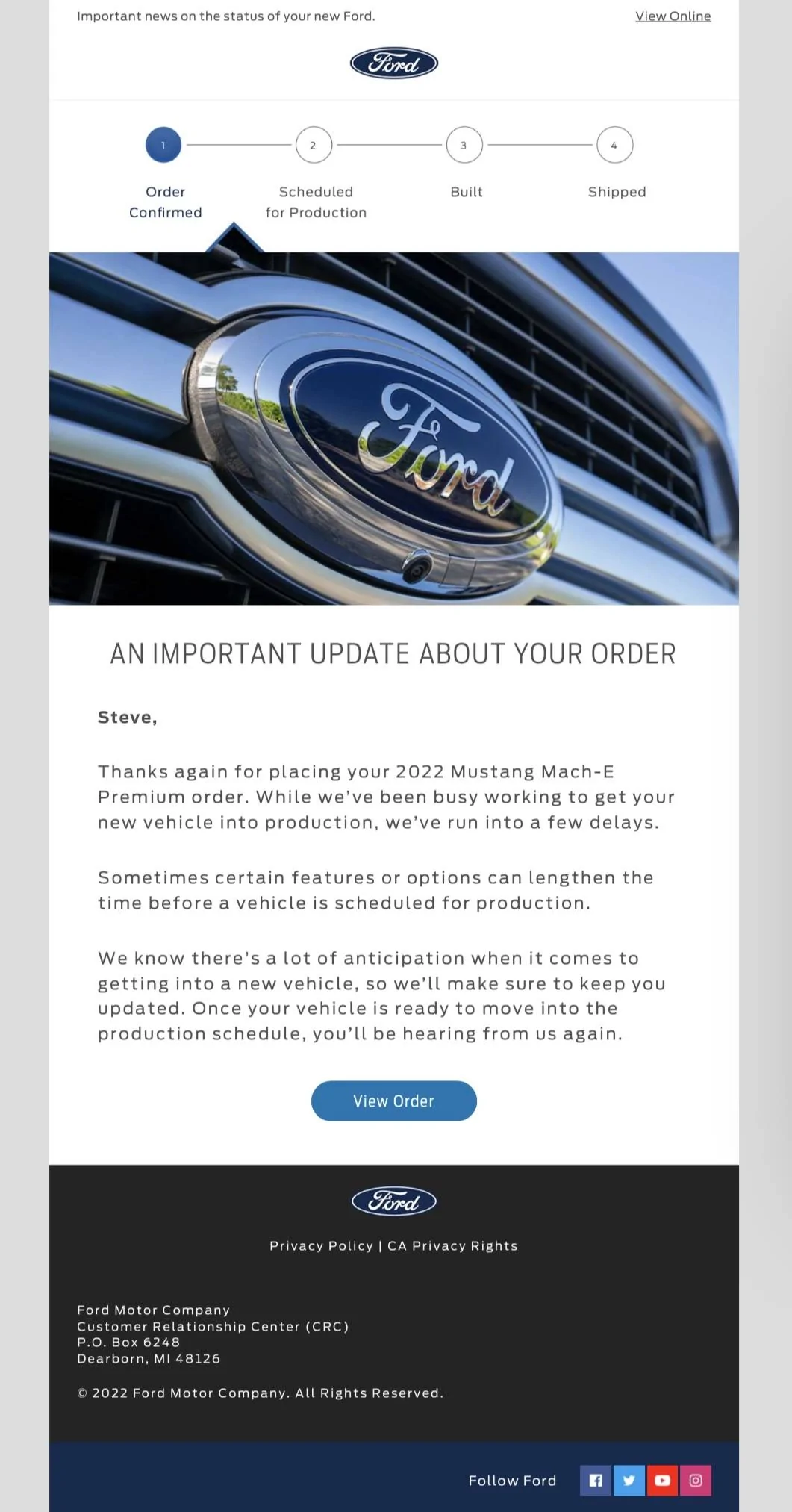 Ford Mustang Mach-E An Important Update About Your Order (spam email) 476784B1-E591-43DD-91B2-E091314E49A0