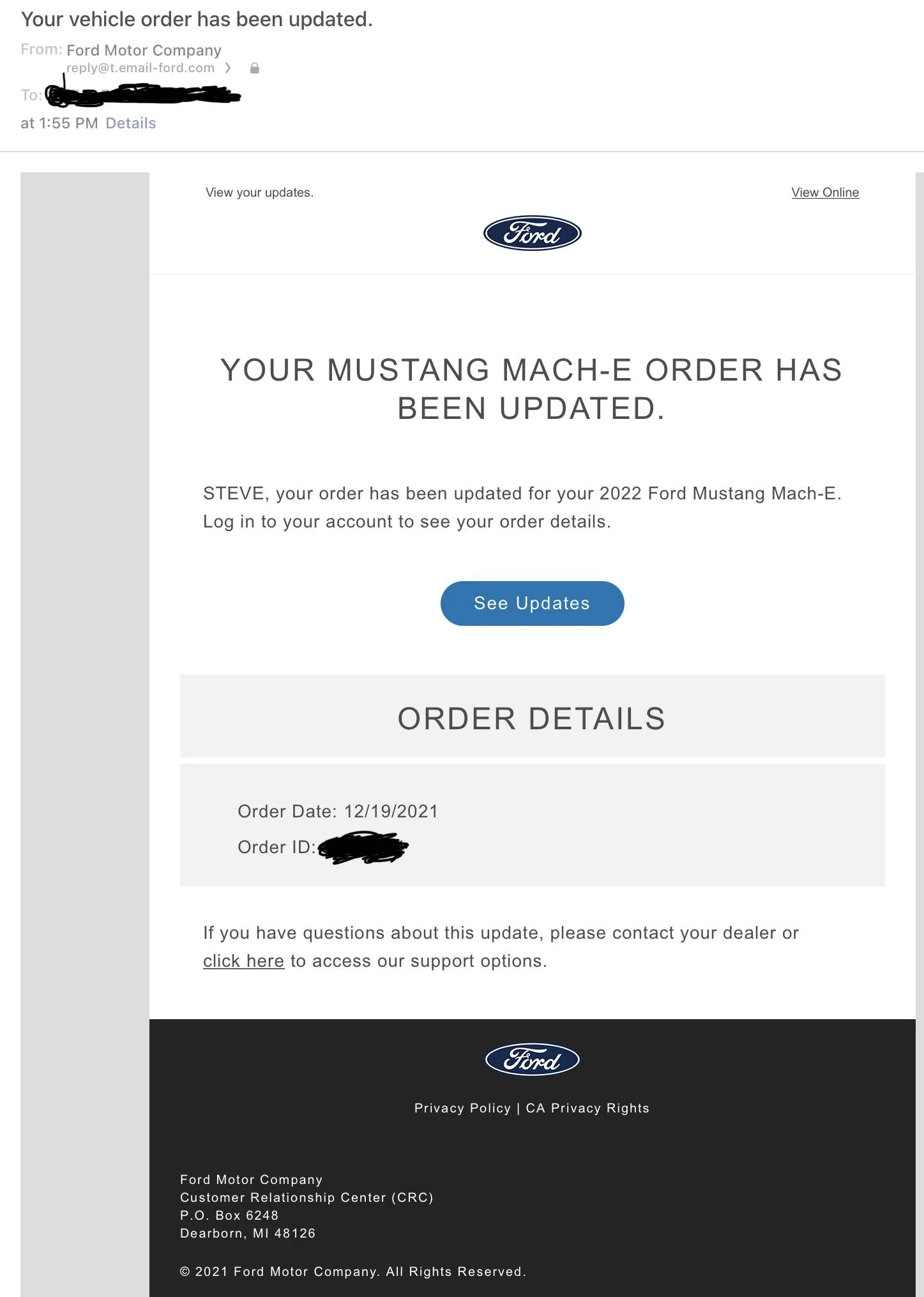 Ford Mustang Mach-E An Important Update About Your Order (spam email) AD821BEB-3851-44CC-9B08-20403225D07D