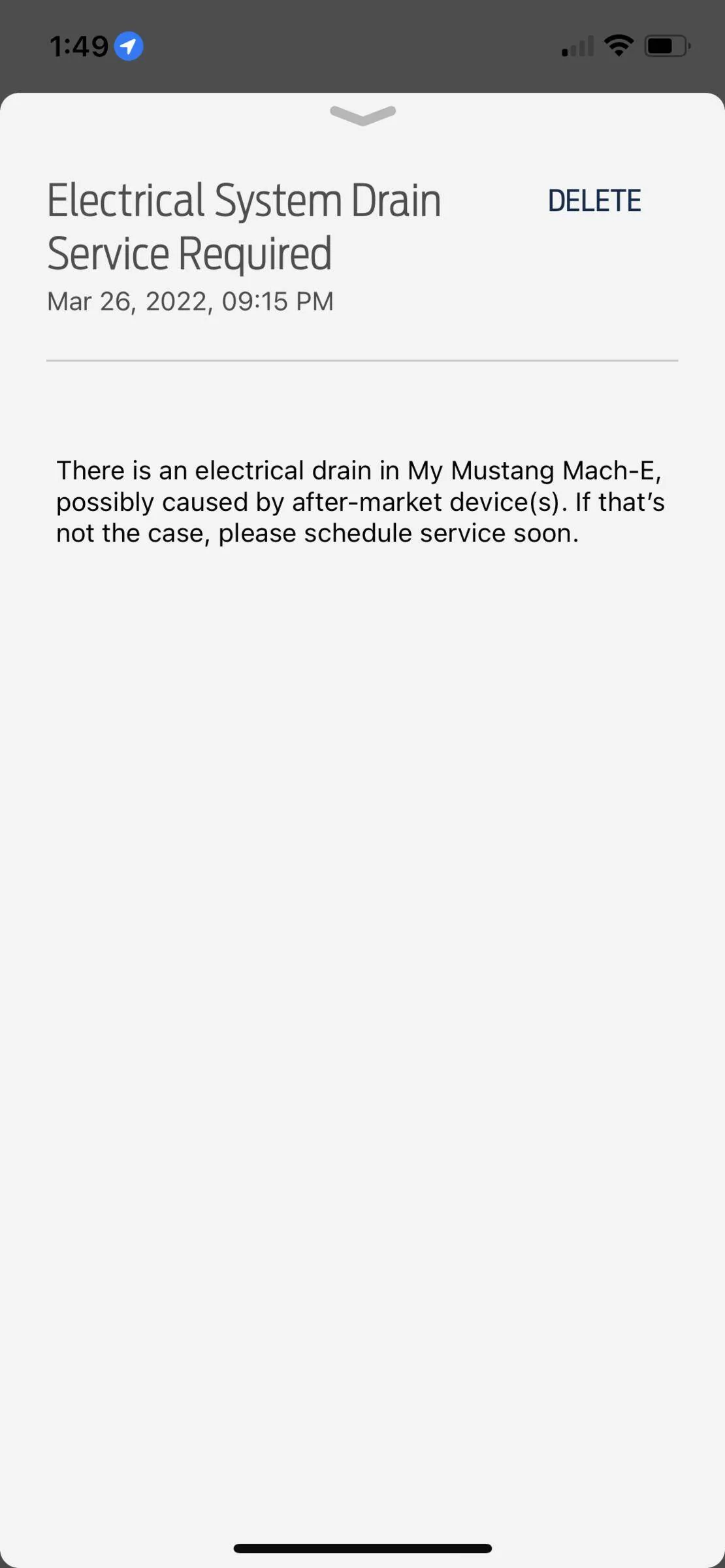 Ford Mustang Mach-E Electrical system drain, service required A5340C56-2F69-410F-A42C-6BDEFAB7F4E0