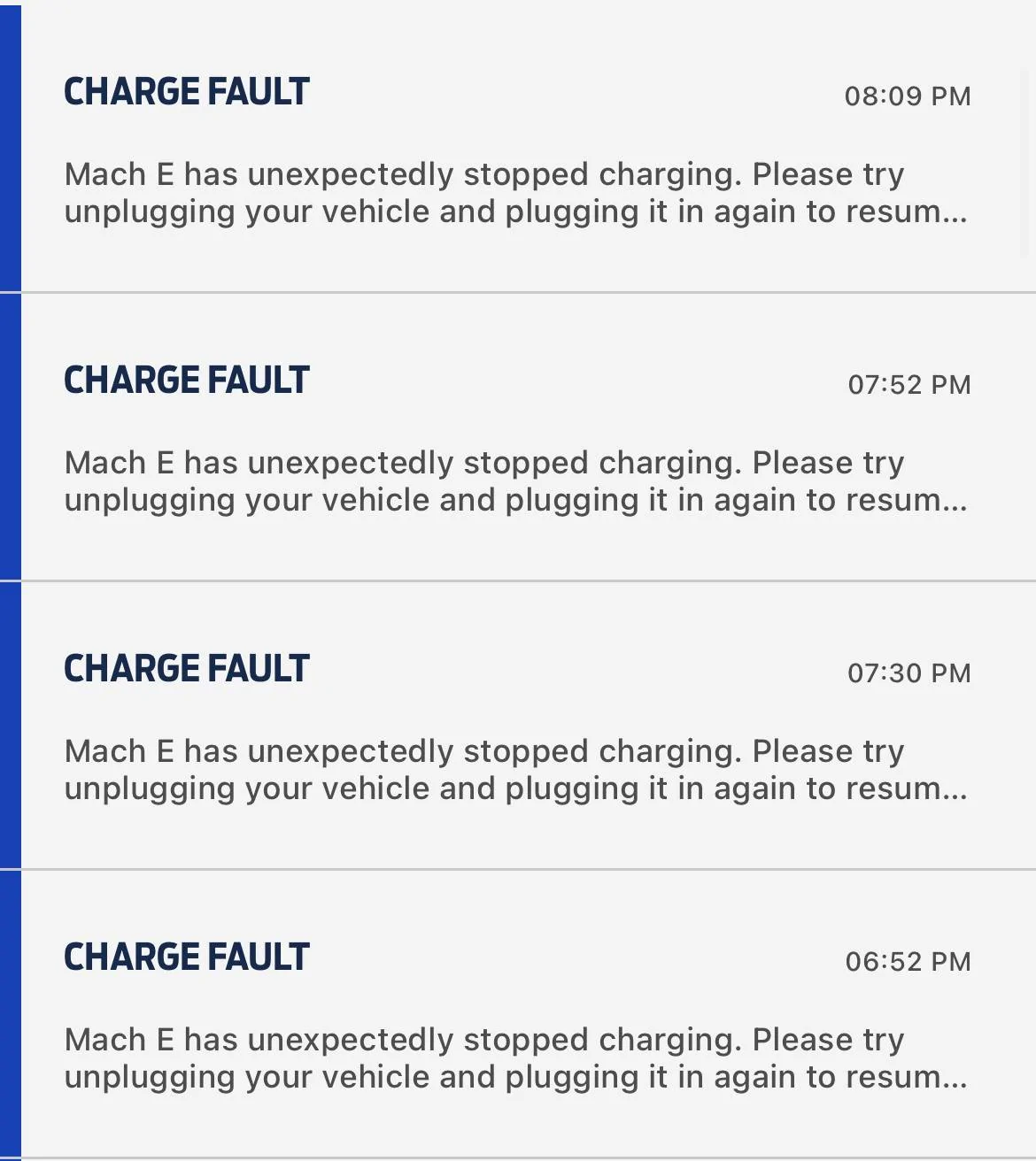 Ford Mustang Mach-E Repeated Charge Faults 4E030162-C46C-4D0E-B20E-26B738356685