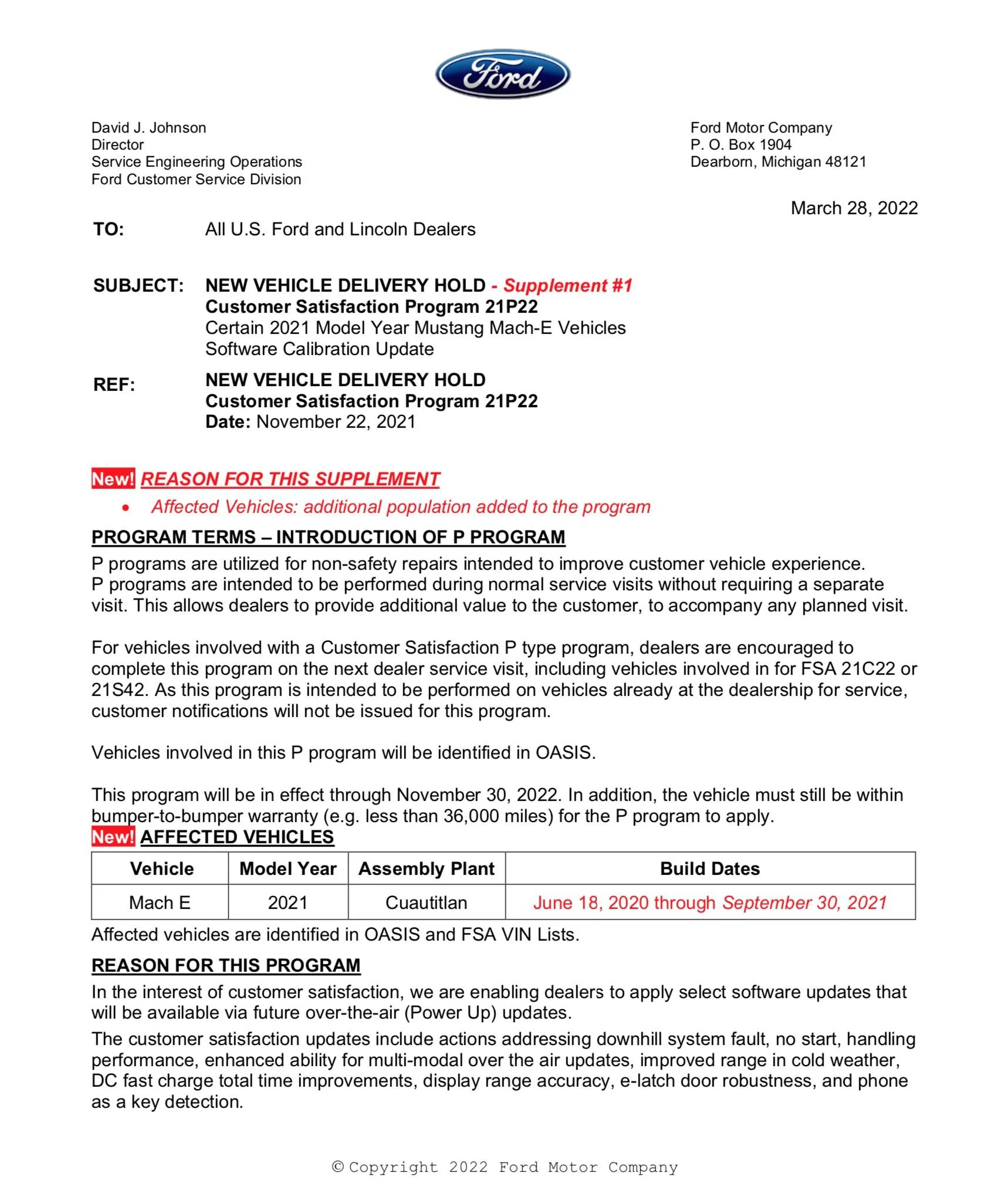 Ford Mustang Mach-E Customer Satisfaction Program 21P22 - Software Calibration Update 21P22-S1