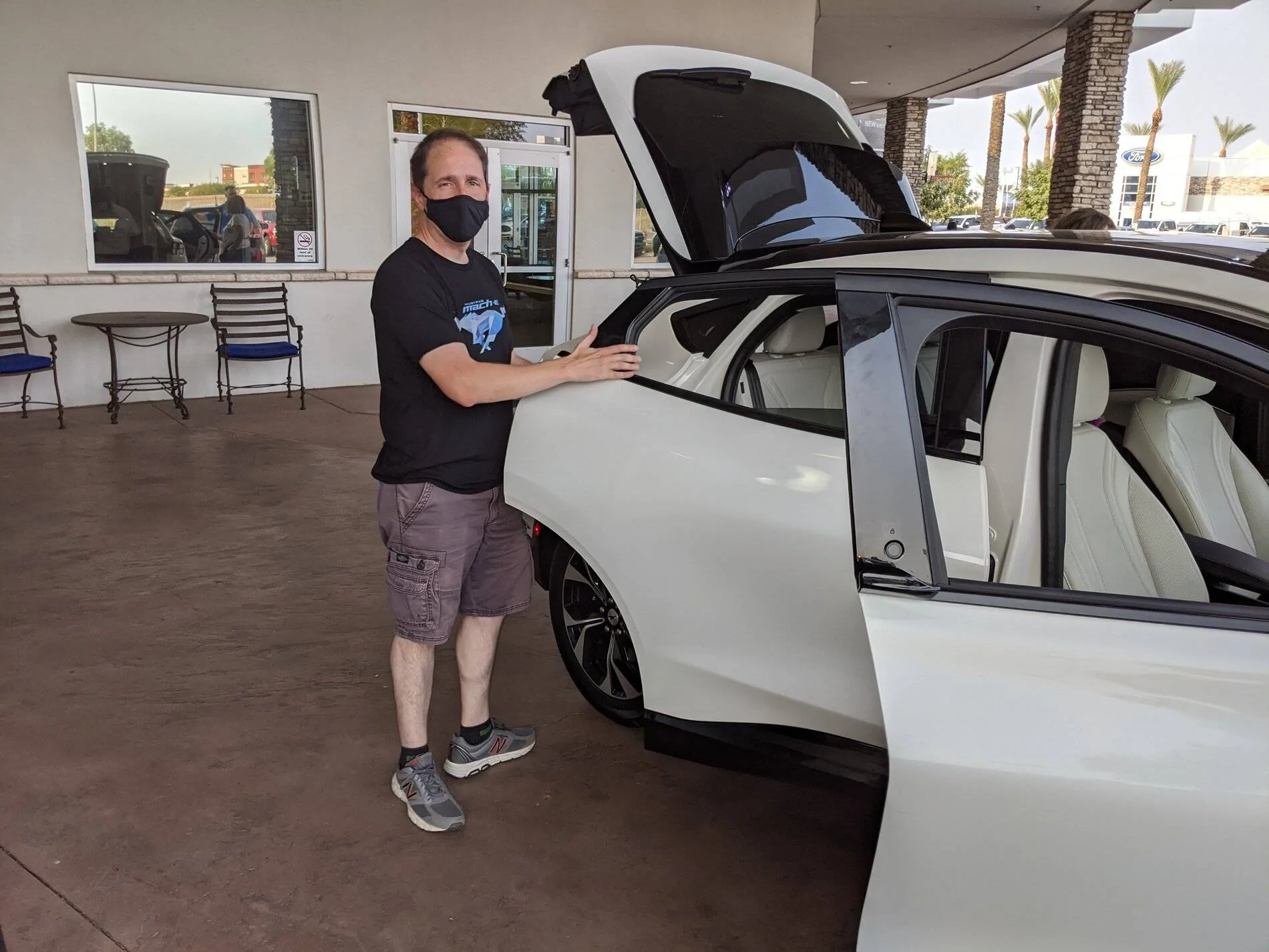 Ford Mustang Mach-E Mach-E 4x (Star White / Gray Interior) sighted at Phoenix dealership, with a look at range figures PXL_20201017_223214982.MP
