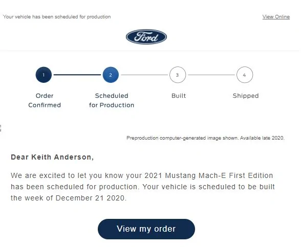 Ford Mustang Mach-E Order Scheduled for Production Date MachE FE Anderson