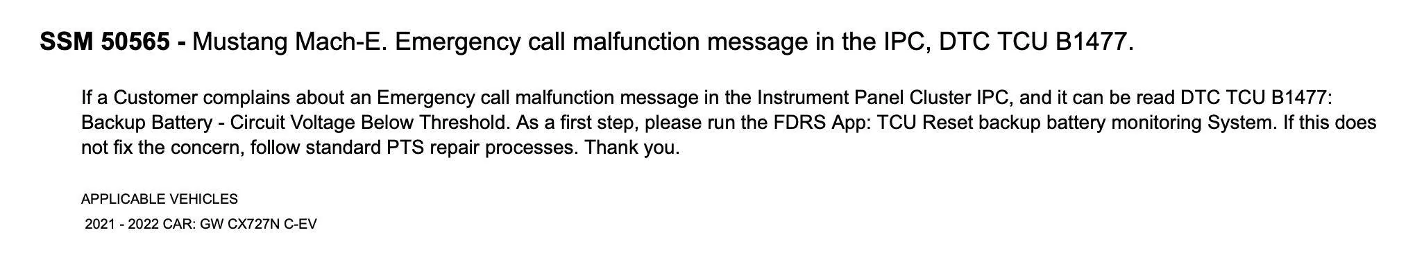 Ford Mustang Mach-E Ecall Error Message SSM 50565 - eCall System malfunction messge in display