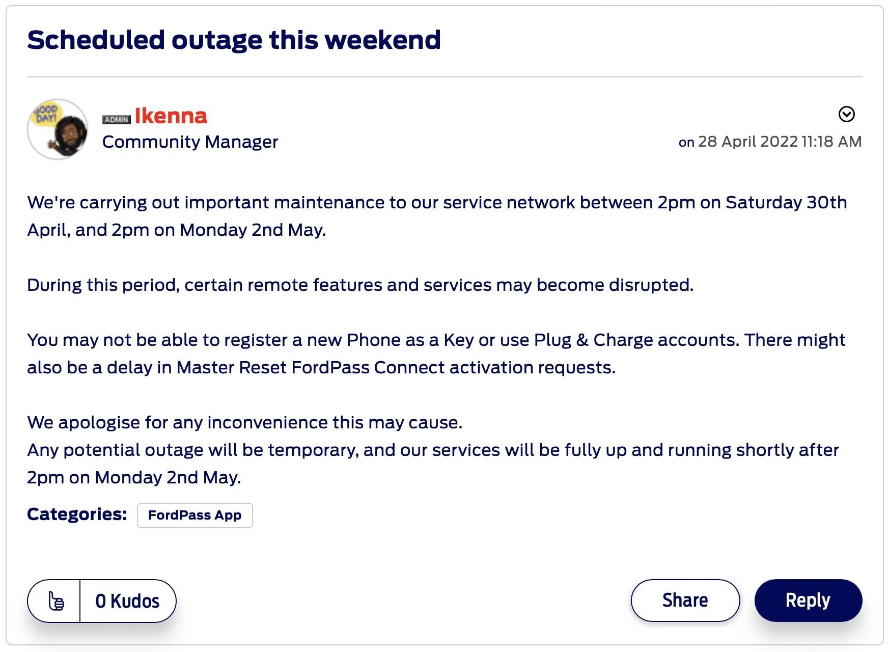 Ford Mustang Mach-E FordPass Scheduled Outage This Weekend (4/30 - 5/2) Screen Shot 2022-04-30 at 8.33.38 PM