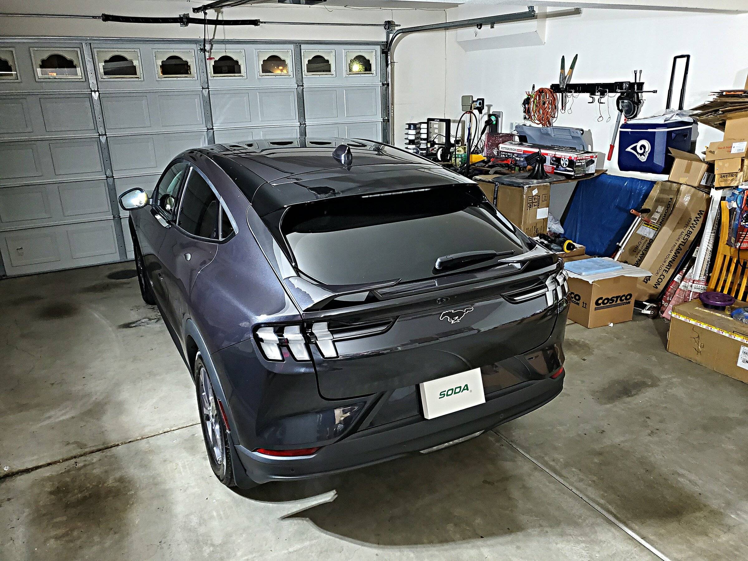 Ford Mustang Mach-E Front lip and rear spoiler installed on Dark Matter Gray Mach-E aviary-image-1651981461059