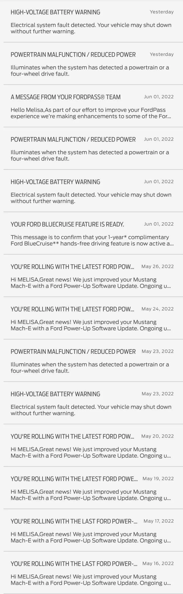 Ford Mustang Mach-E POWERTRAIN MALFUNCTION / REDUCED / HIGH-VOLTAGE BATTERY WARNING Screenshot_20220603-085759