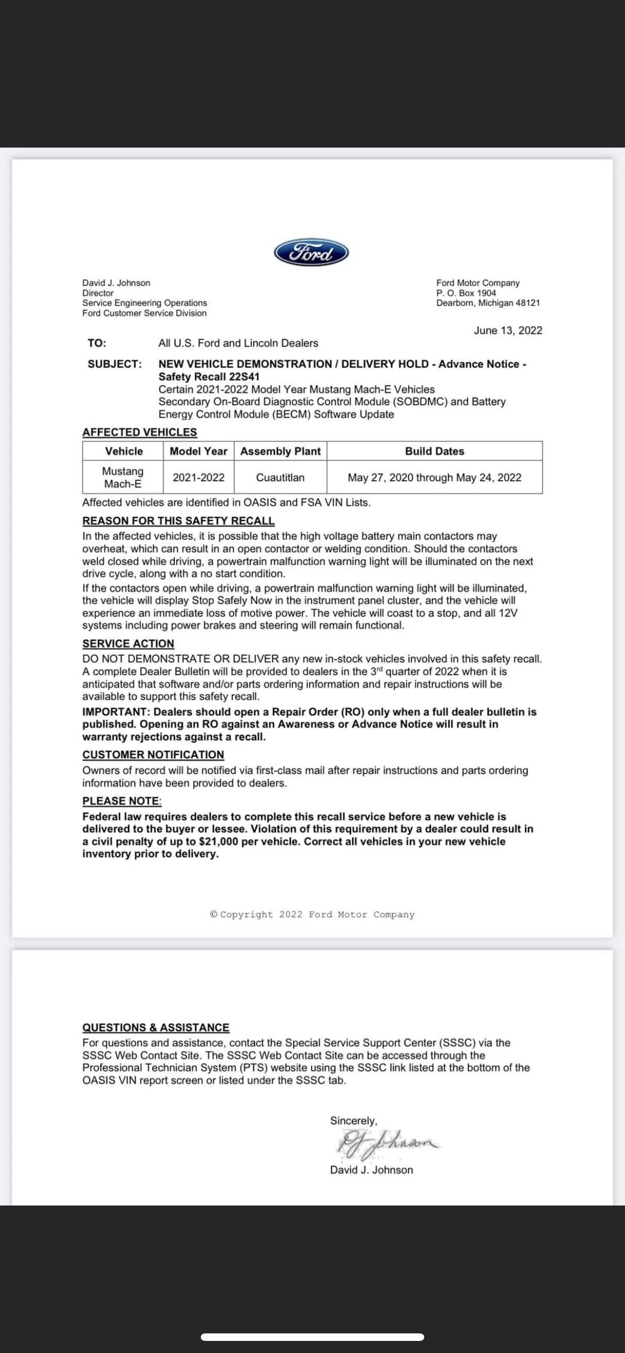Ford Mustang Mach-E Safety Recall 22S41 - 2021-2022 Mach E - HVBJB Recall [high voltage battery main contactors may overheat] E0F6DEFE-845B-4B50-B492-3DECE4A01A3A
