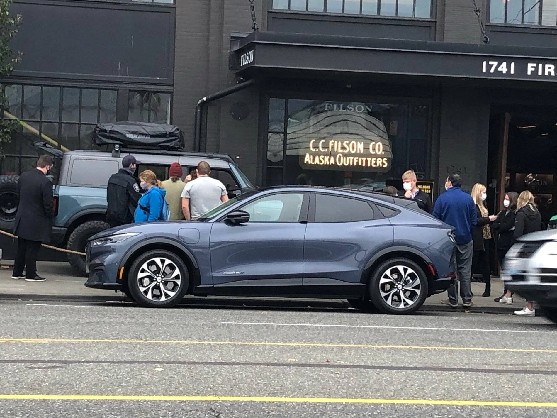 Ford Mustang Mach-E Infiniti Blue Mach-E at Filson flagship store Seattle Friday October 23, 2020 421E245C-07D4-43F3-AD3F-0F504FA852D5