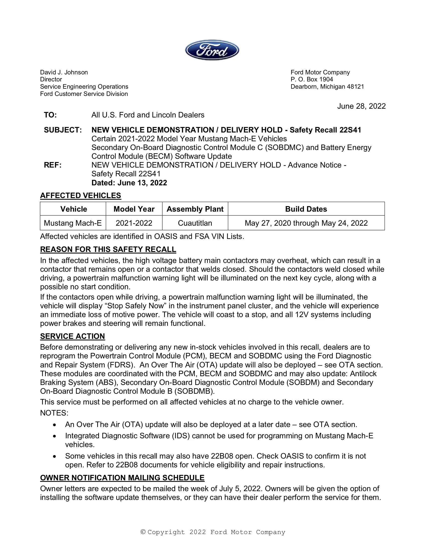 Ford Mustang Mach-E Battery Contactor Recall Software (22S41) Now Available at Dealers 22S41