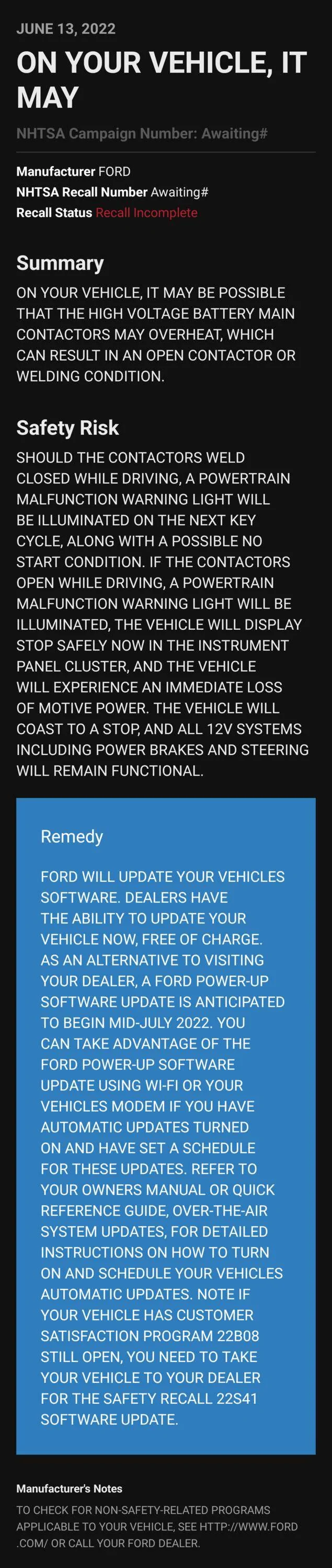 Ford Mustang Mach-E Battery Contactor Recall Software (22S41) Now Available at Dealers Screenshot_20220628-200243