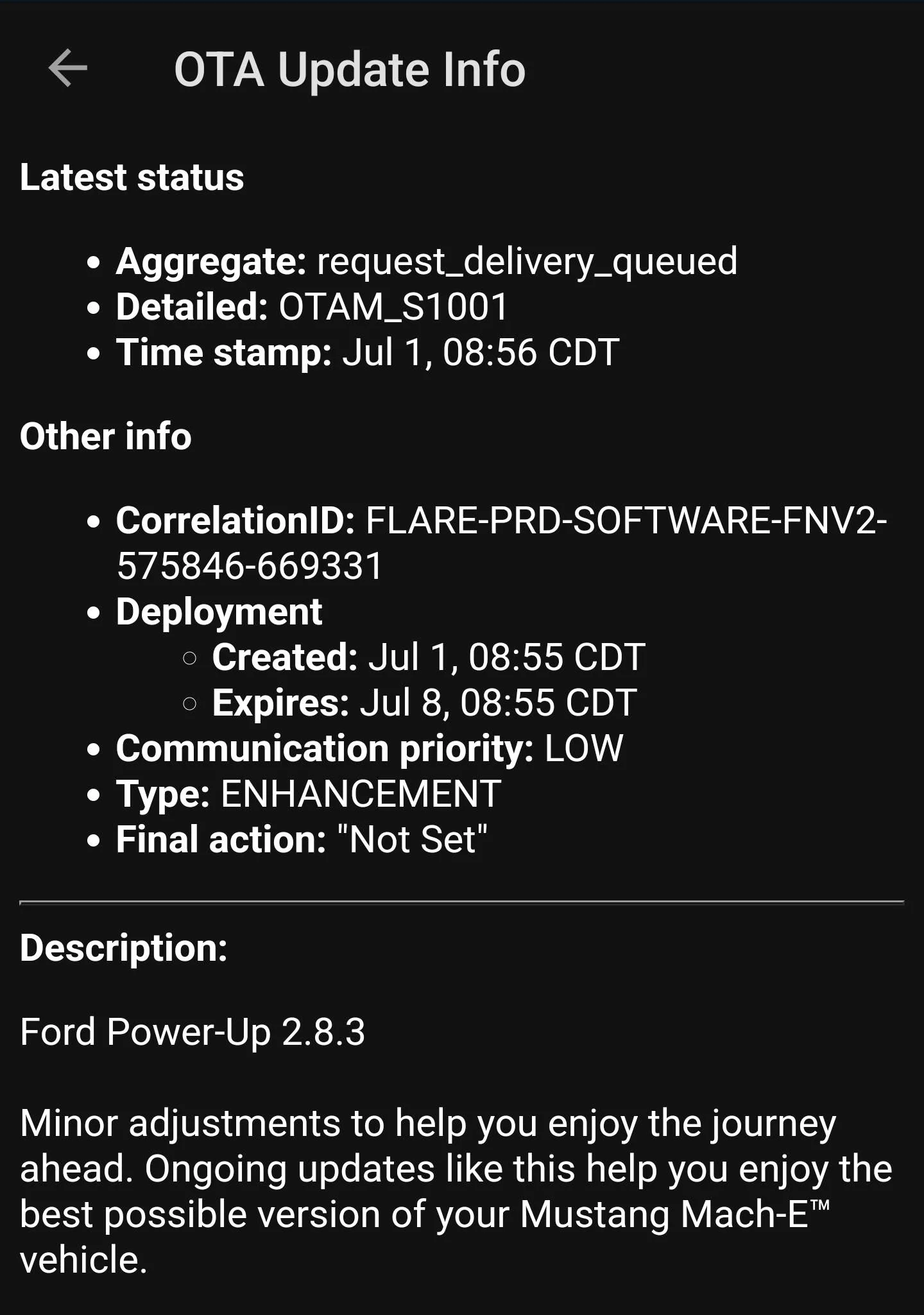 Ford Mustang Mach-E [OTA] Power-Up 2.8.3 for 2021 Job 2 cars Screenshot_20220701-090553_Ford Status Widget