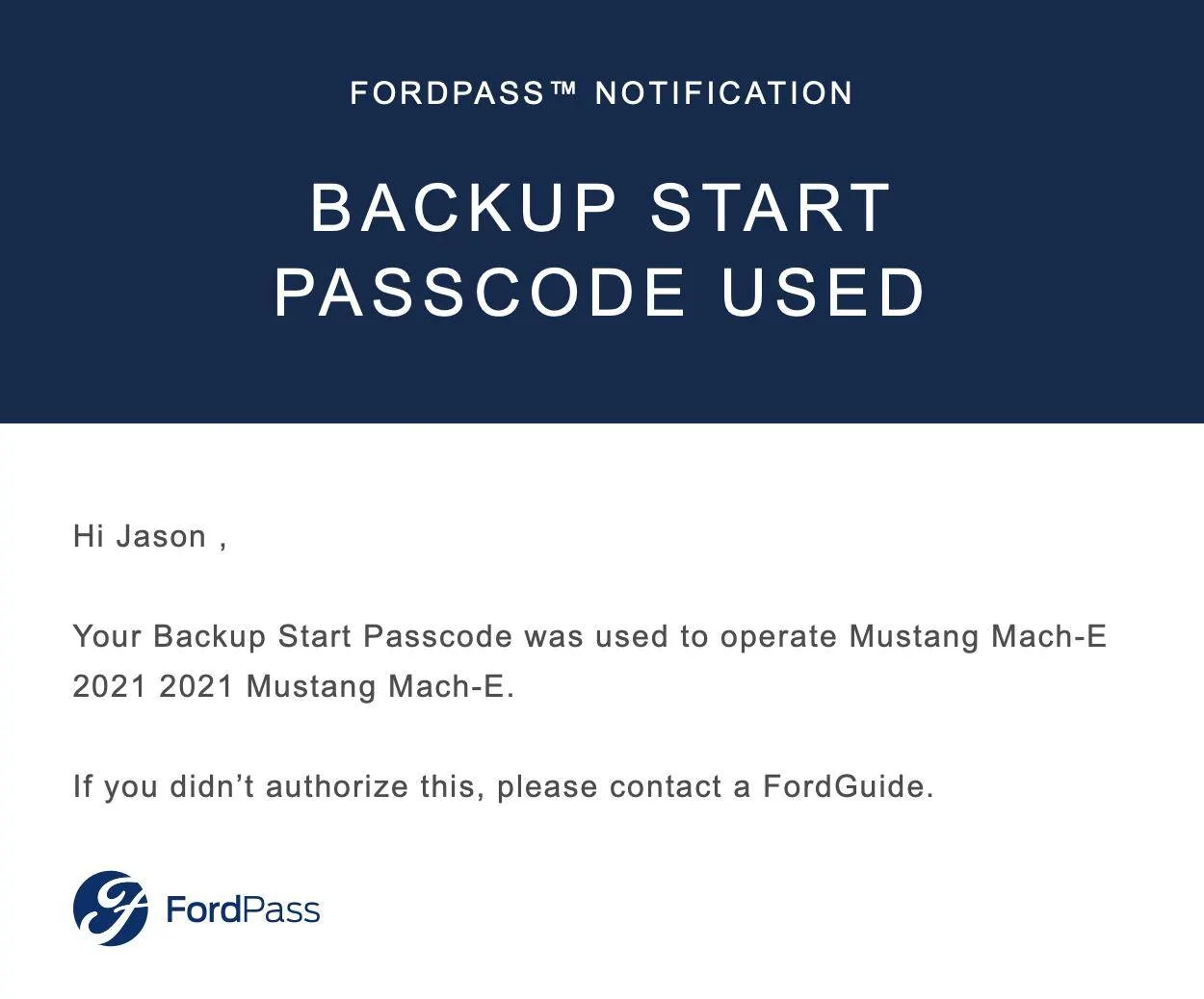 Ford Mustang Mach-E Random "Your Backup Start Passcode was used" message Screen Shot 2022-07-06 at 8.46.43 AM