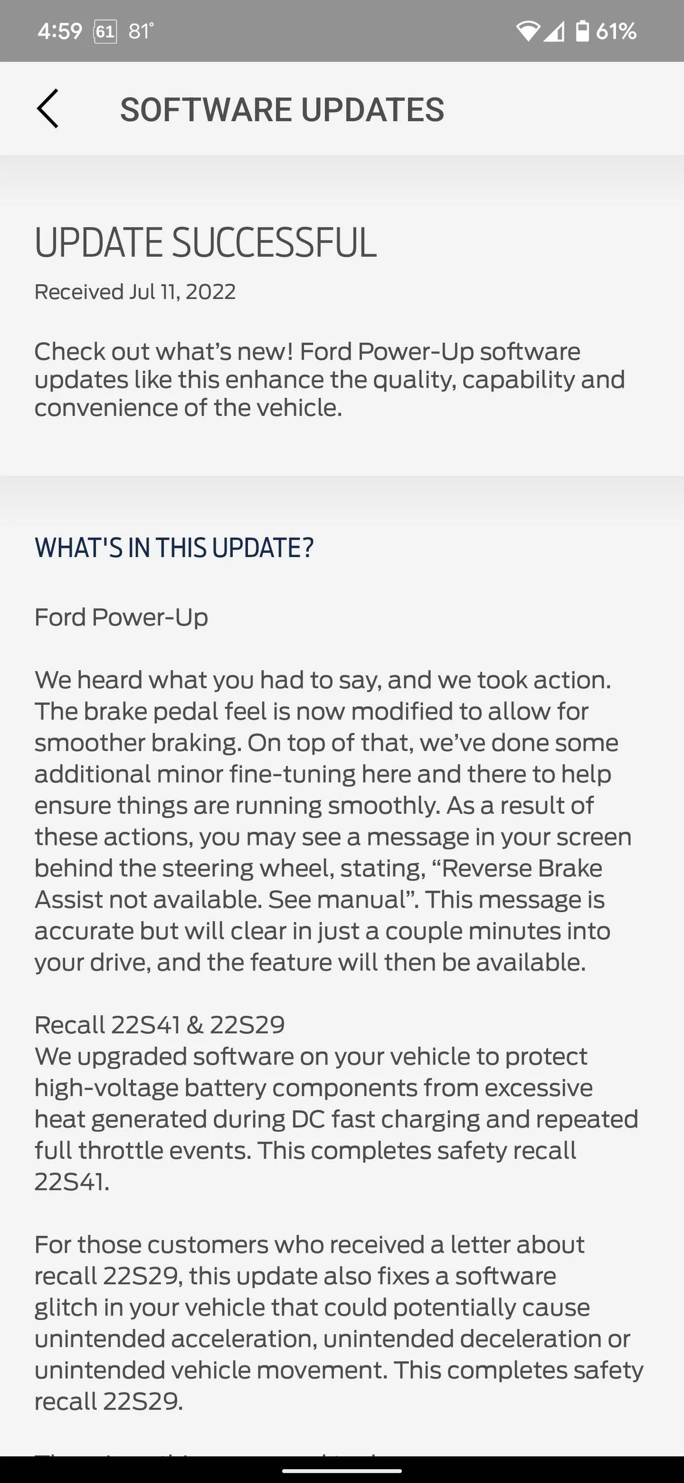 Ford Mustang Mach-E 22S41 & 22S29 Recall OTA Software Are Out Screenshot_20220711-165958