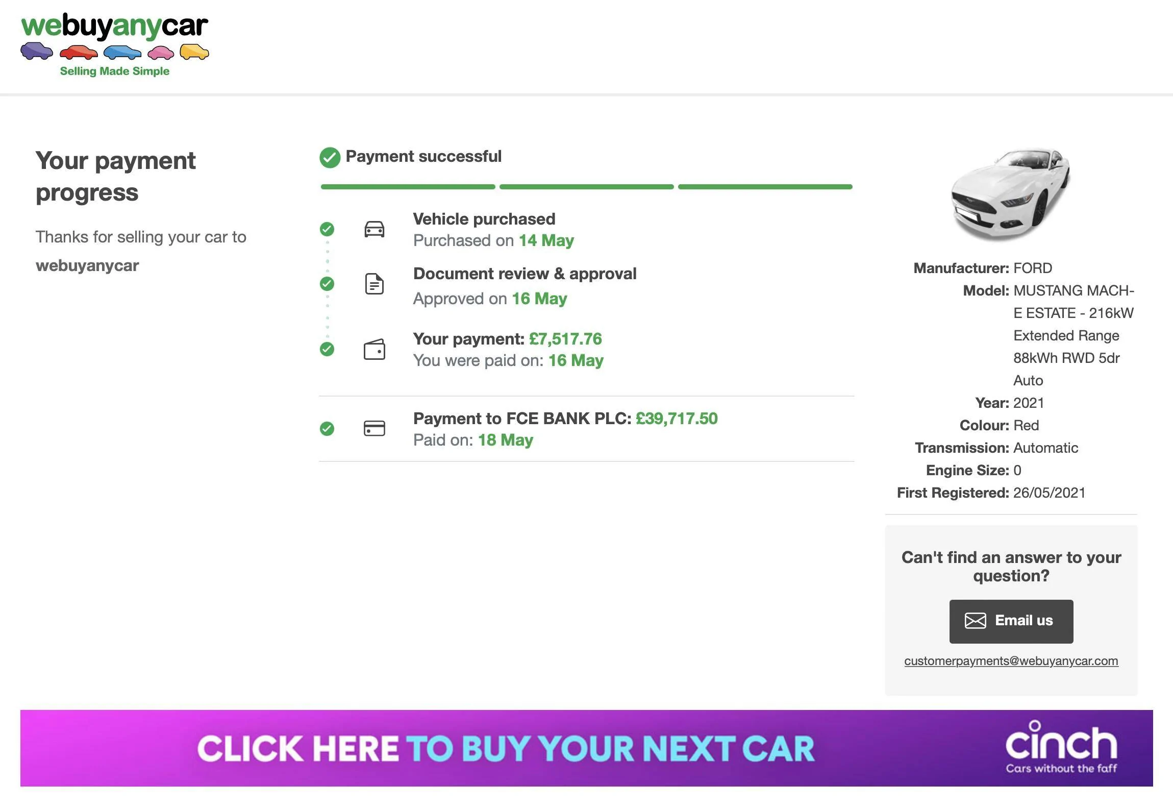 Ford Mustang Mach-E UK Customers Payment confirmation screen