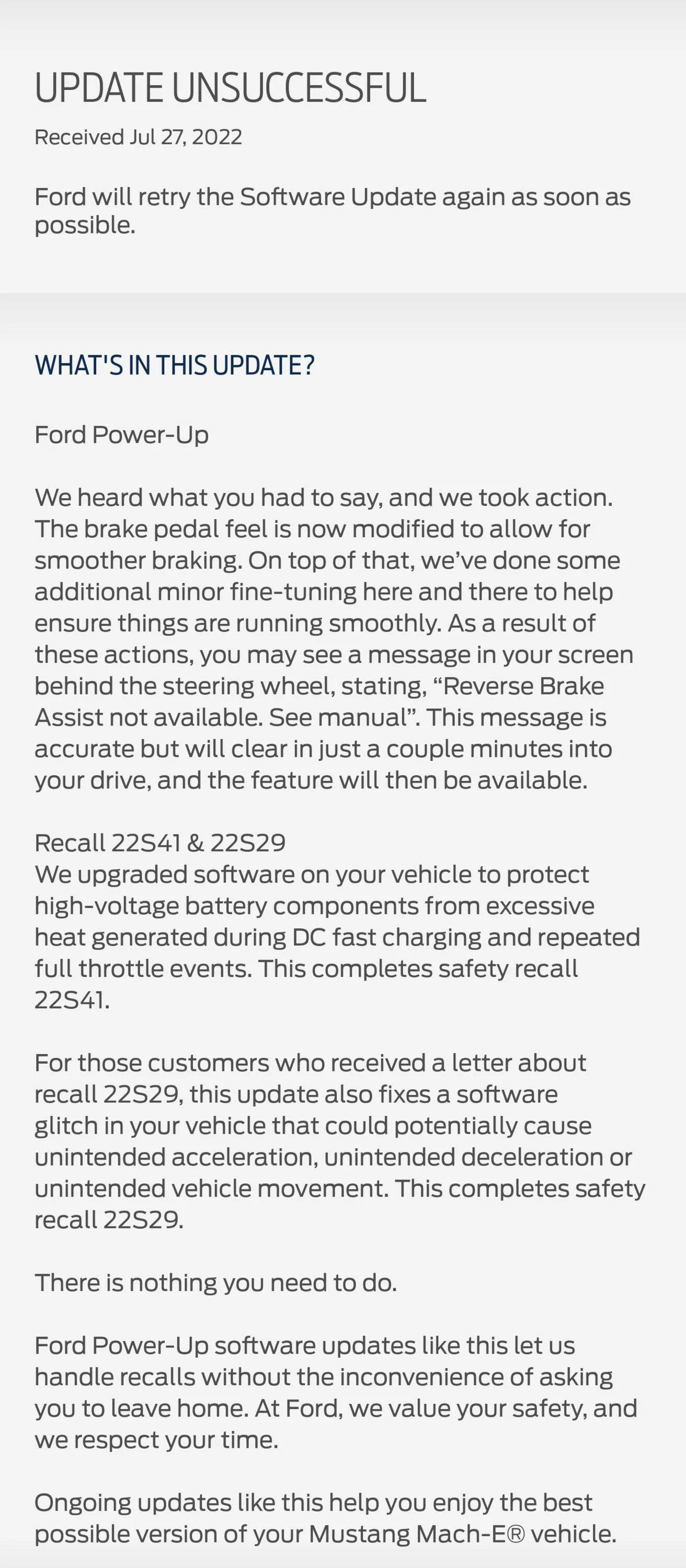 Ford Mustang Mach-E Failed OTA  22541 & 22S29 Updates Screenshot_20220727-134934