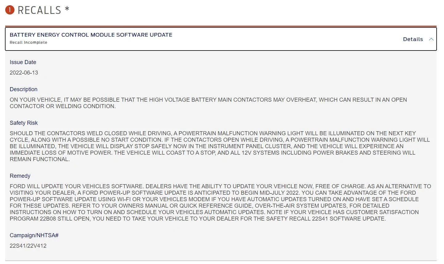 Ford Mustang Mach-E Recall incomplete? Screenshot 2022-08-19 122318