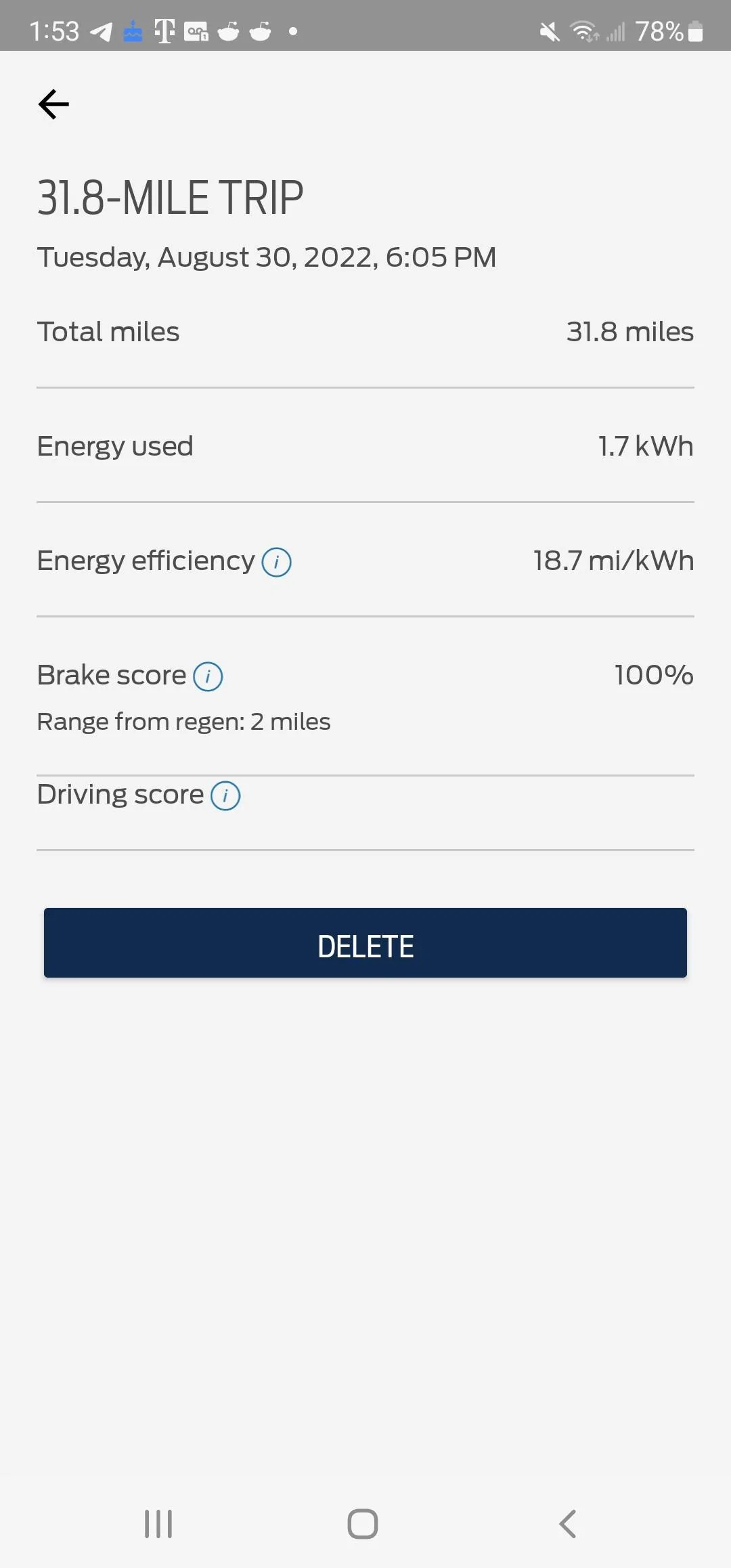 Ford Mustang Mach-E App showing improbable efficiency for trip? Screenshot_20220902-135339_FordPass