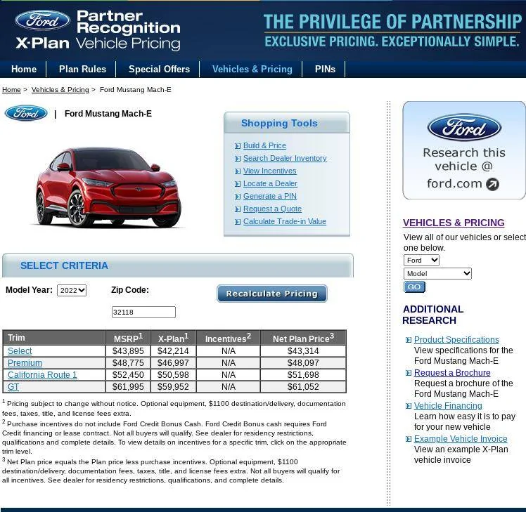 Ford Mustang Mach-E A, Z, X plan discount pricing for Mach-E Screenshot 2022-09-03 2.46.16 PM