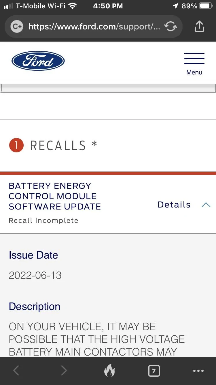 Ford Mustang Mach-E Anyone Else Get a "Recall Incomplete" Notice? screen
